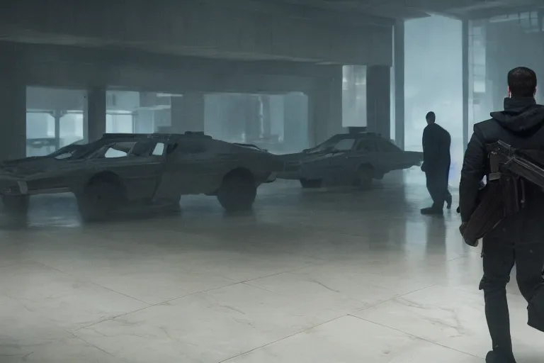 Prompt: blade runner 2049 movie still elegant bank fancy white marble flooring. robbery in progress. cyberpunk man carrying duffle bag holding shotgun. 2017 movie still 35mm wide angle lens