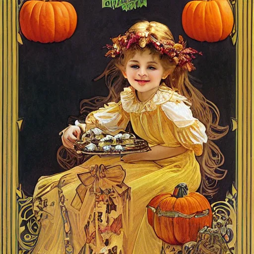 Image similar to a happy little girl with long straight golden blonde hair sitting amidst halloween decor, skulls and pumpkins. beautiful highly detailed face, beautiful painting by alphonse mucha