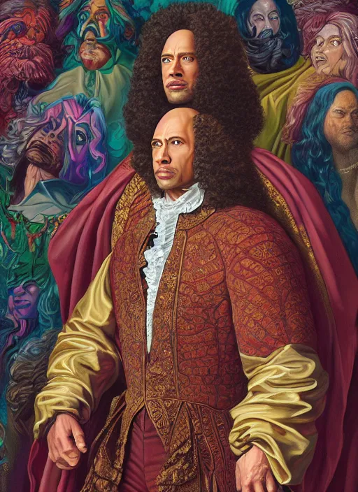 Image similar to beautiful oil painting, full length portrait of Dwayne the rock Johnson as Louis xiv in coronation robes 1701, Dan Mumford, Dan Mumford, Alex grey, Alex grey, highly detailed , lsd visuals, dmt fractal patterns, hallucinogen, visionary art, psychedelic art, ornate, vaporwave