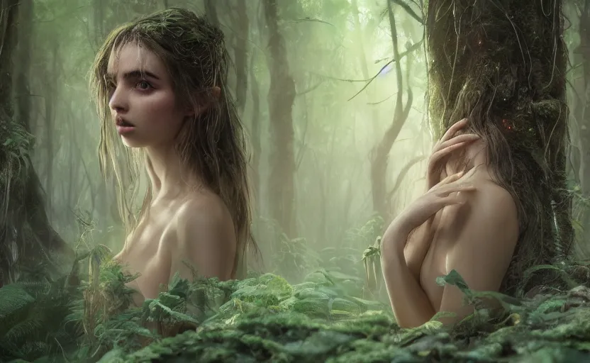 Image similar to a forest nymph in an ancient bioluminescent forest, ana de armas, flawless symmetrical pretty cute face, greg rutkowski, 8 k, shallow depth of field, intricate detail, concept art,