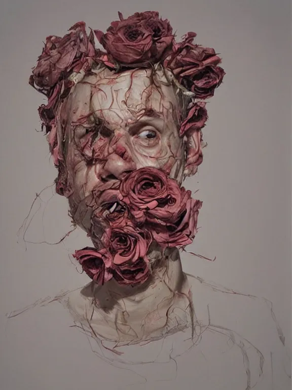 Prompt: twisted head, head made of roses, portrait by jenny saville