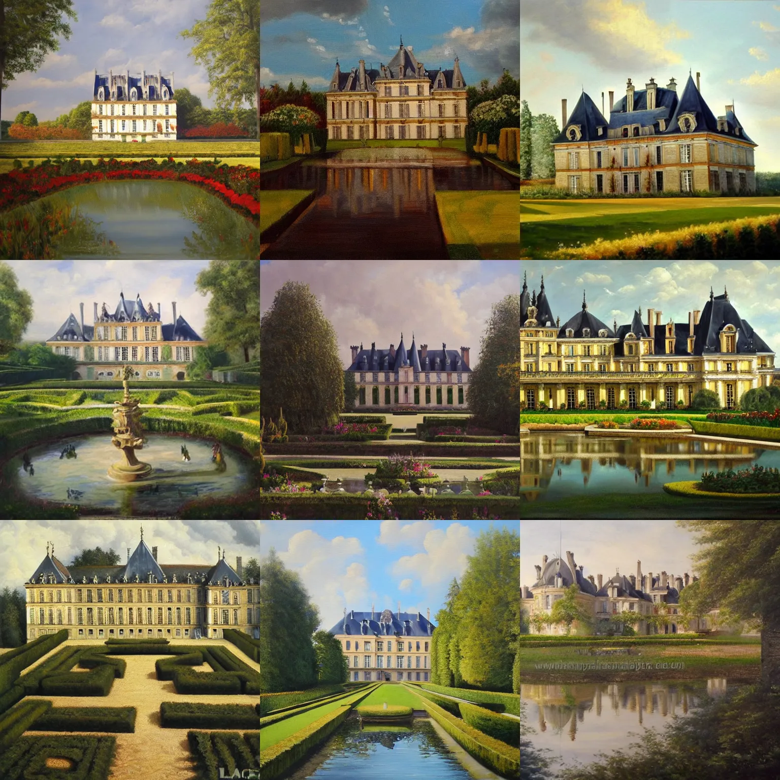 Prompt: an incredible oil painting of a big french chateau, with a french garden, maison Laffite, chateau de Versailles, château de Cheverny, concept art, trending on deviantart