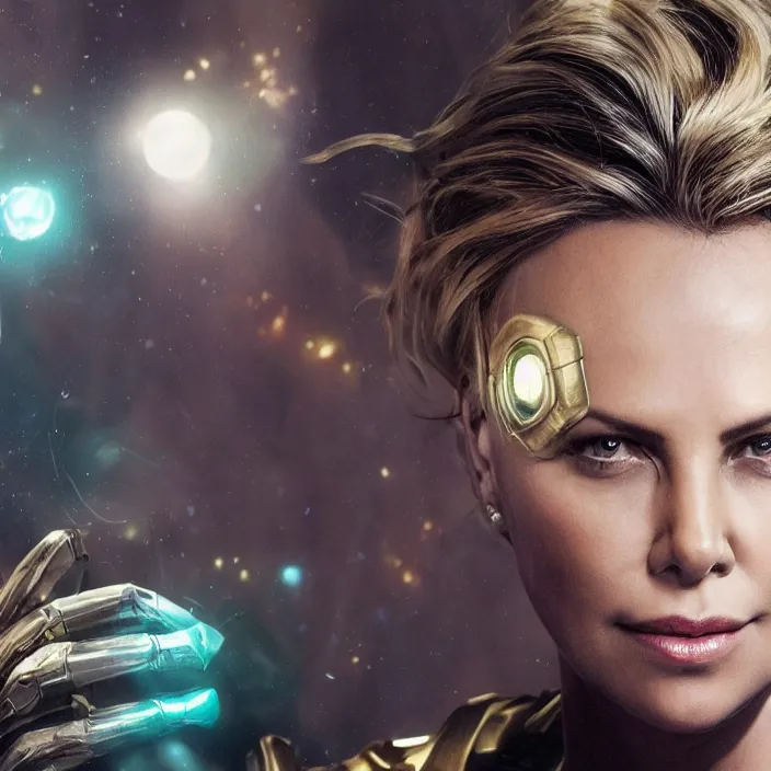 Image similar to portrait of (Charlize Theron), wearing The Infinity Gauntlet!! intricate artwork. octane render, trending on artstation, very coherent symmetrical artwork. thanos. cinematic, hyper realism, high detail, octane render, 8k, iridescent accents