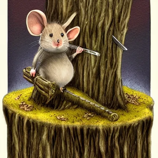 Prompt: a mouse with a sword sits on a stump, deep forest, by rivuletpaper, rivuletpaper art, MouseGuard by David Petersen, by David Petersen, small details, realistic illustration, realistic mouse