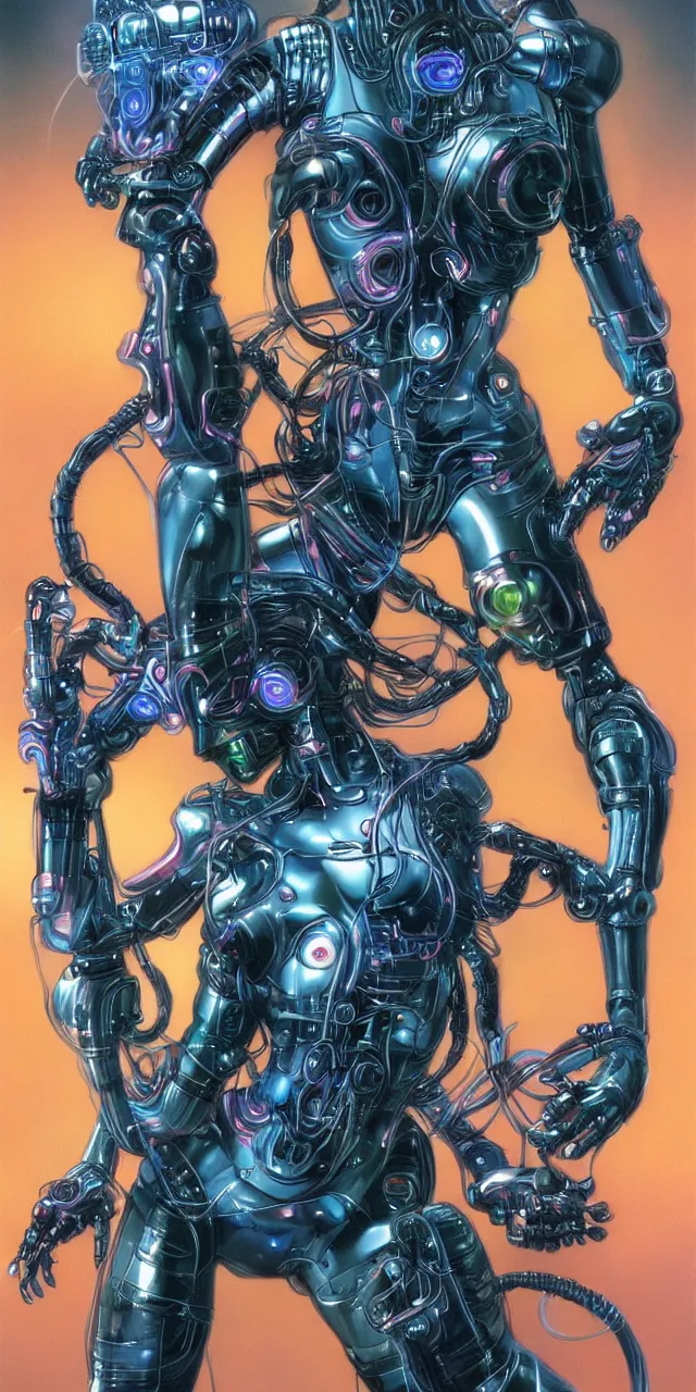 Image similar to beauty Aliens movie woman, robotic, cyberpunk, neon laser eyes, lots of cables and wiring, electrical details, trending on artstation, by Hajime Sorayama and Boris Vallejo