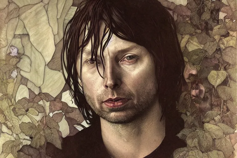 Image similar to hyper realistic portrait of ( thom ) ( yorke ) ( radiohead ) singer songwriter, side, liminal space, by lee bermejo, alphonse mucha and greg rutkowski