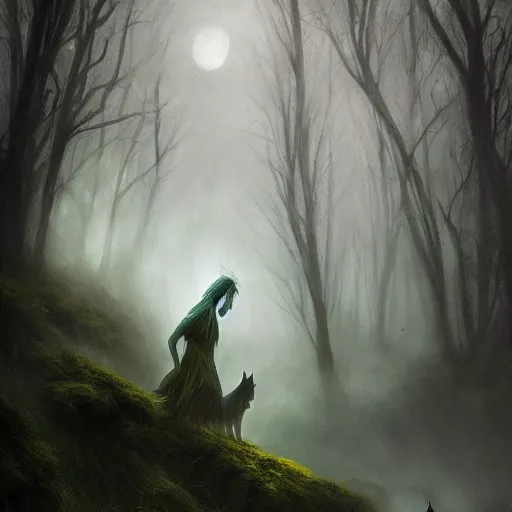 Image similar to aspectacular moody fantasy painting, spectral figures coming out of the fog with their pack of wolves, leaves and feathers twisted in their hair, moss growing on their clothes, destructive magic pulsing at their fingertips, cgsociety art