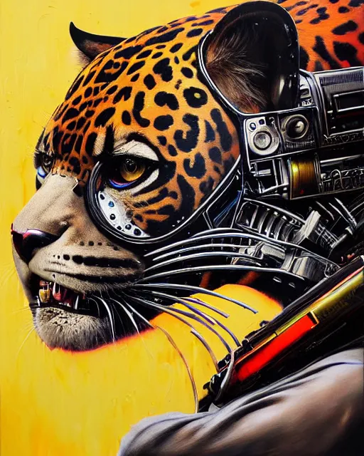 Image similar to a portrait of an anthropomorphic cyberpunk jaguar by sandra chevrier, by jon foster, detailed render, tape deck, epic composition, cybernetics, 4 k realistic, cryengine, realistic shaded lighting, sharp focus, masterpiece, by enki bilal