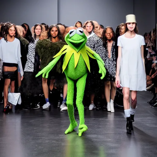 Image similar to Kermit the frog as a fashion week runway model 4k photo magazine journalism