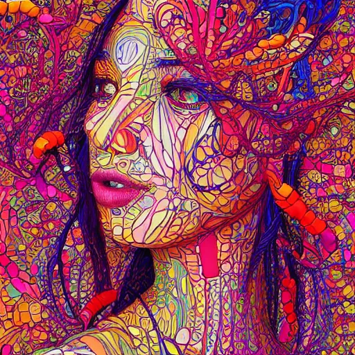 Prompt: the portrait of a beautiful young woman partially made up of peppers of all colors, an ultrafine detailed illustration by james jean, intricate linework, bright colors, final fantasy, behance contest winner, vanitas, angular, altermodern, unreal engine 5 highly rendered, global illumination, radiant light, detailed and intricate environment