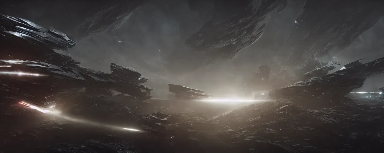 Image similar to dark space opera, epic beautiful space scifi, eve online, highly detailed, chiaroscuro, octane render, majestic, mysterious, double - exposure, light, tones of black in background, sublime, soft lighting, ray tracing global illumination, translucid luminescence, lumen reflections