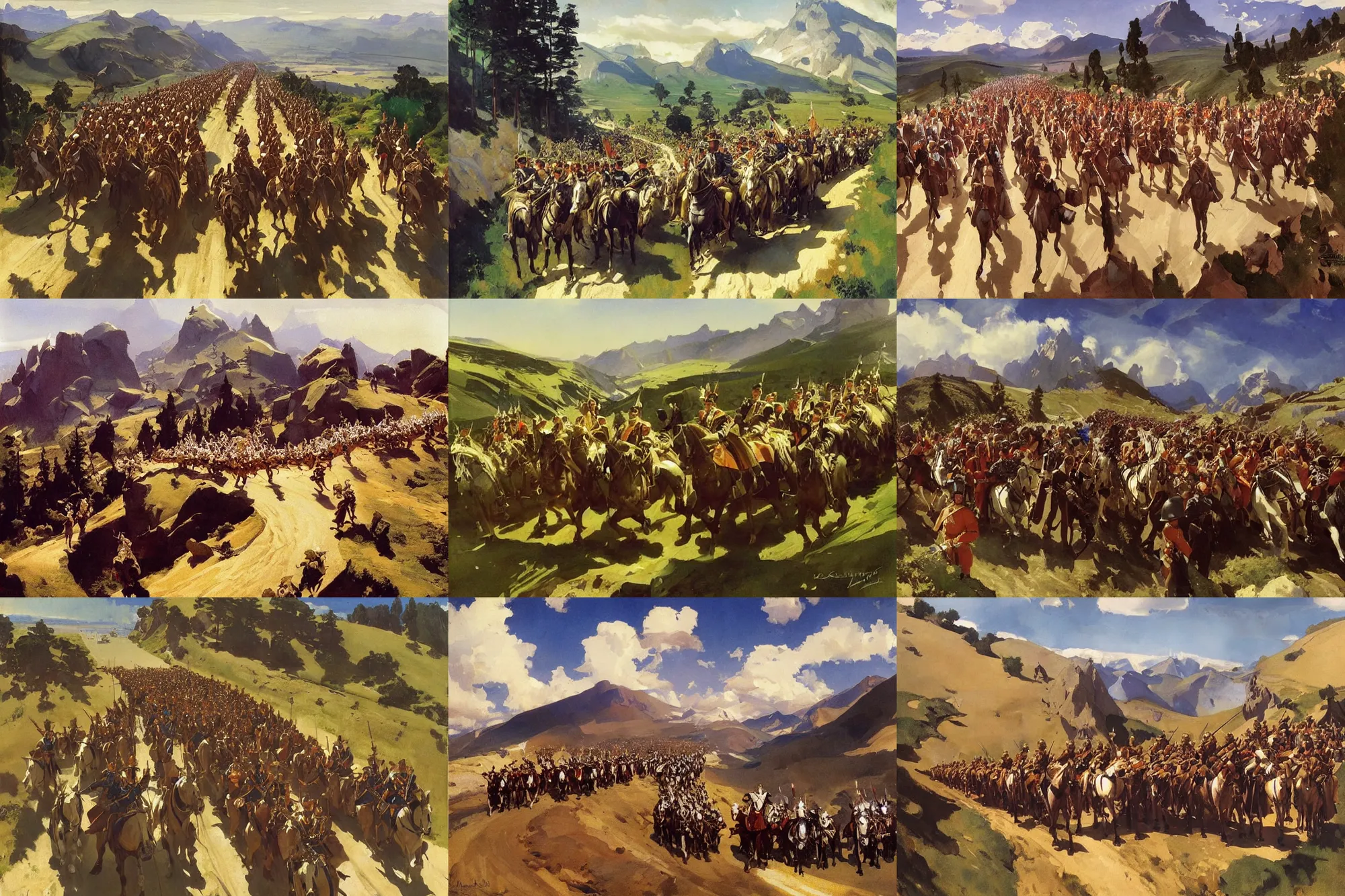 Prompt: painting by sargent and leyendecker and greg hildebrandt savrasov levitan aerial view of army of knights marching ascending mountain road, middle age, fantasy, castle