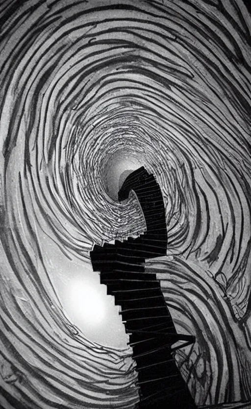 Image similar to a staircase heading to a black hole, dark scary figure standing at the top of the staircase