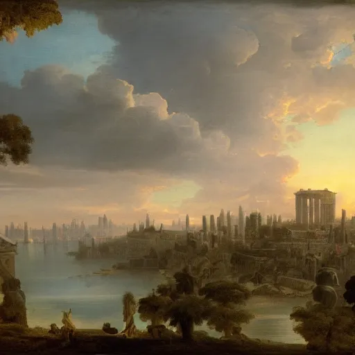 Prompt: vista of a city at sunset, the city is a sprawling renaissance city that is built on the rolling hills of a wide bay amidst cyclopean mausoleums with the rainforest at its edges, rpg, hubert robert, cityscape, vista, dying earth, reclaimed ruins