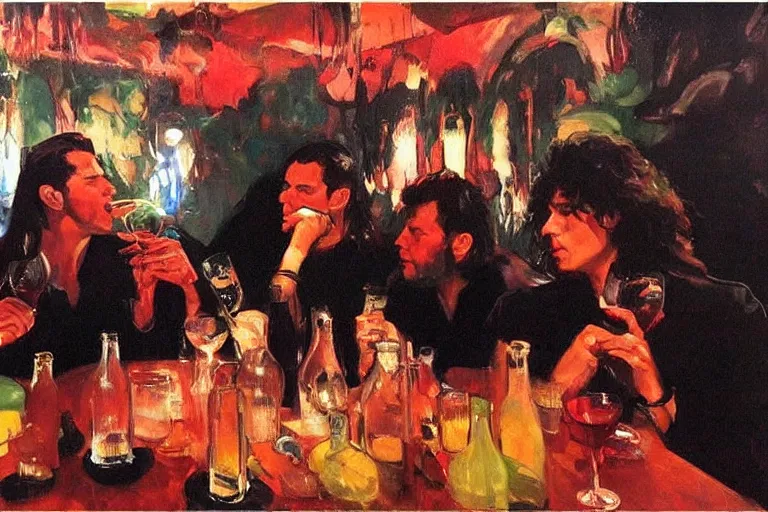 Prompt: glam rockers drinking brutal and raw wine, inside a green cave with red lights by joaquin sorolla, phil hale, extremely detailed