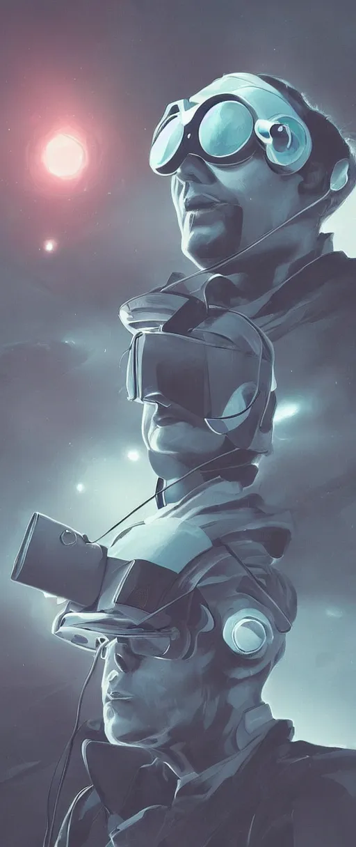 Prompt: Sci-fi illustration of a man in futuristic VR goggles by Pascal Blanché