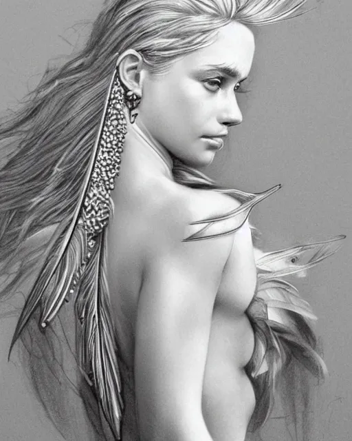 Image similar to pencil drawing of beautiful greek goddess aphrodite with arrowhead earrings and beautiful feather jewelry, beautiful piercing eyes, beautiful blonde hair flying in the wind, hyper realistic face, in the style of greg rutkowski, fantasy, amazing detail, epic, elegant, smooth, sharp focus, from the front