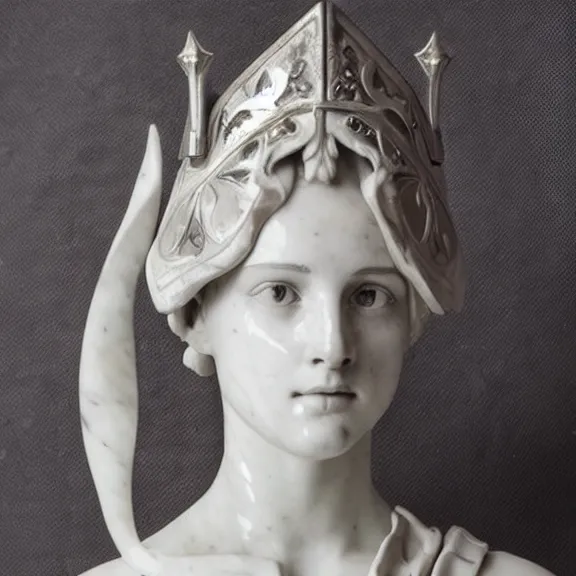 Image similar to a white art nouveau marble and silver sculptural bust of alicia vikander as joan of arc, wearing plate armor, delicate, intricate, smooth, beautiful, by charles van der stappen