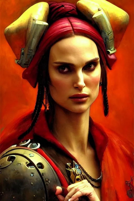 Image similar to character portrait cyberpunk warhammer 4 0 k, natalie portman as the girl with the pearl earring character design, painting by gaston bussiere, katsuya terada, frank frazetta, tom of finland, trending on artstation