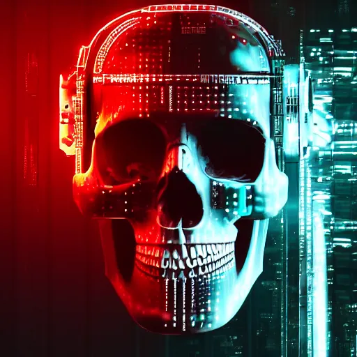 Prompt: cyberpunk skull machine, wires cables, red lights,