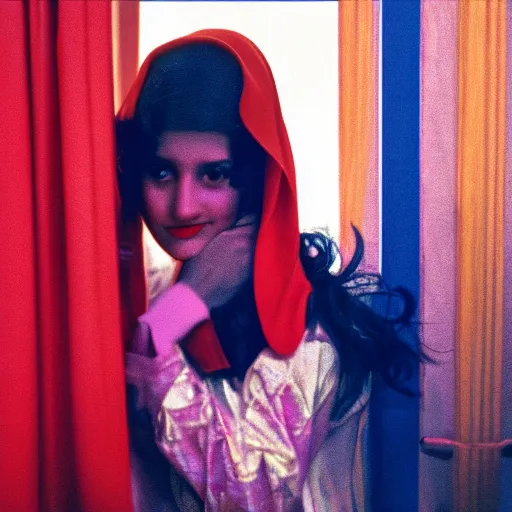 Image similar to 7 0 s movie of an arab young girl in a burqa at a strip club, cinestill 8 0 0 t 3 5 mm technicolor, heavy grain, high quality, high detail