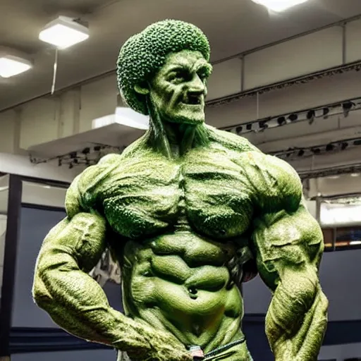 Prompt: sculpture of a bodybuilder made entirely from fresh broccoli by antoni gaudi