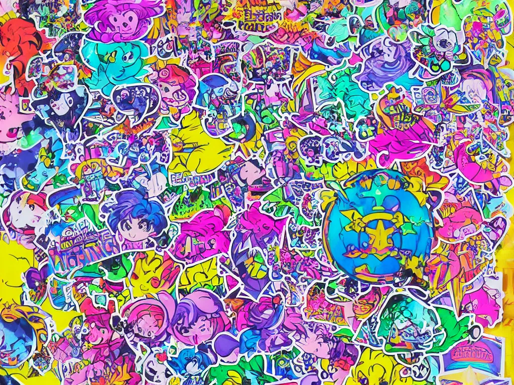 Prompt: a school notebook covered in stickers holographic stickers sailor moon lisa frank glow-in-the-dark high school middle school doodles on the cover