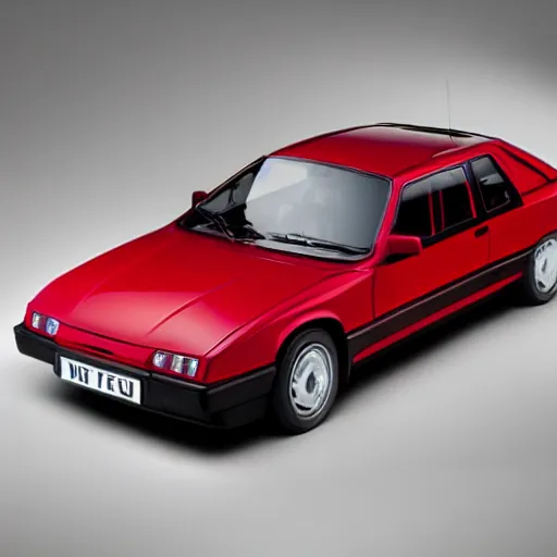 Image similar to A hypercar designed and produced by Volvo, with 1986 Volvo 480 design elements, in crimson red, promotional photo