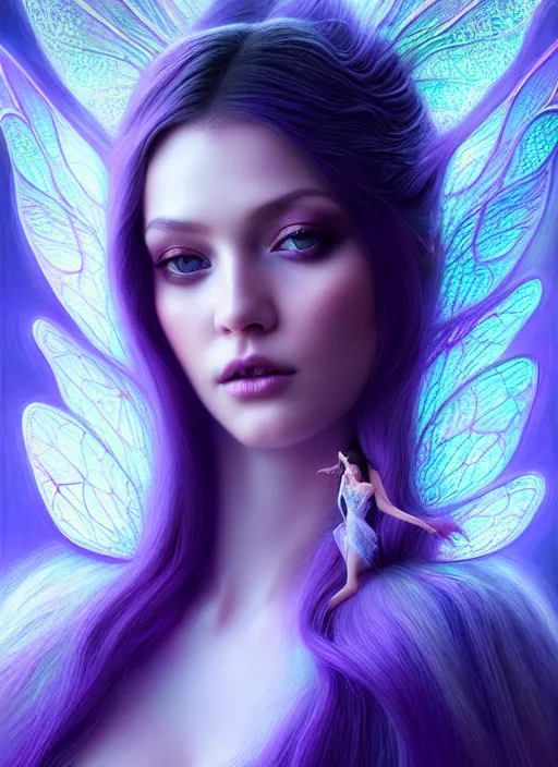 Prompt: portrait of fairy, fantasy, rule of thirds, intricate, ultra violet highlights, sharp focus, octane render, detailed, beautiful, unreal engine, symmetrical!!, loreal, maybelline, sephora, loreal, artstation, art by karol bak, art by artgerm, rossdraws, cinematic, concept art, filmic, vsco