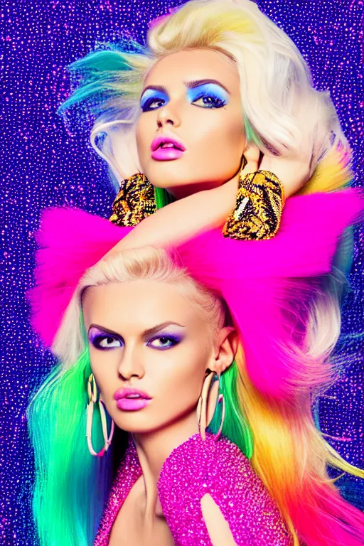 Image similar to Blonde woman with Hollywood wave hairstyle in rave dress, bright colors, rave style, dynamic pose, Big earrings, many details, photo for a magazine, photo for a store, fashion photography, Vogue, cinematic, hyper realism, high detail, 8k, very coherent symmetrical work, perfect face model, full length photo, Upper and lower body, white skin tone, white eyes, photographer style by Nik Night Erik Madigan Hec and Walter Chin and Camilla Akrans and Miles Aldridge