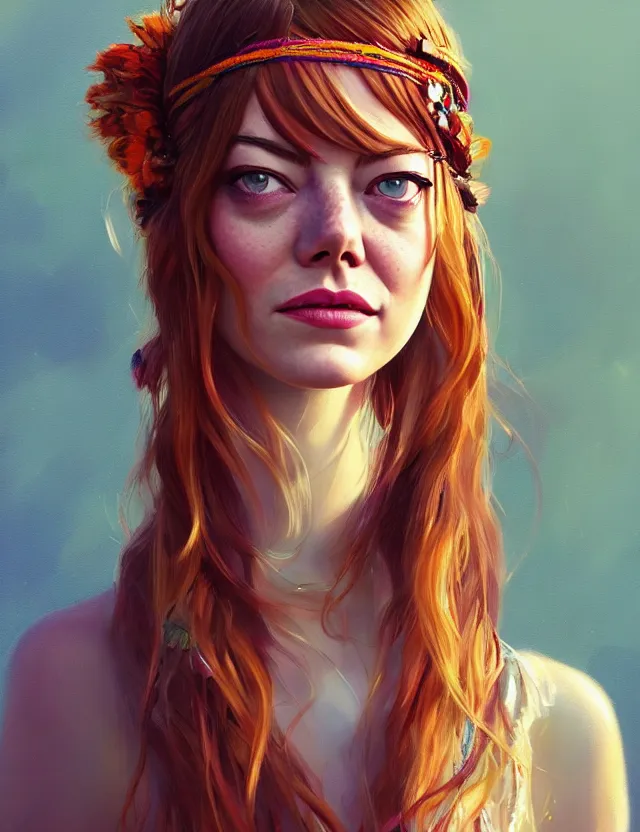 Image similar to portrait of young emma stone wearing boho clothing, hippie, long hair, groovy hairband, bangs, intricate, smooth, groovy lighting, highly detailed, digital painting, artstation, concept art, smooth, sharp focus, illustration, art by wlop, mars ravelo and greg rutkowski