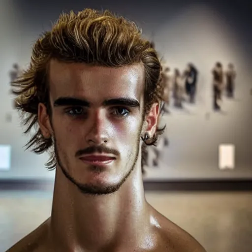 Image similar to “ a realistic detailed photo of a guy who is an attractive humanoid who is half robot and half humanoid, who is a male android, soccer player antoine griezmann, shiny skin, posing like a statue, blank stare, at the museum, on display ”