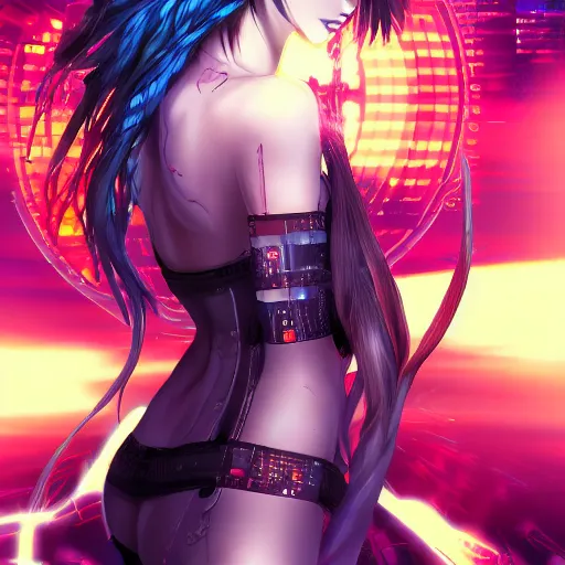 Prompt: anime cyberpunk art, cute and beautiful full body female broken angel in the style of ghost in the shell, red blue purple black fade, orange braided hair, dark light night like eyes, braided hair, highly intricate detailed, braided hair, advanced digital anime art, soft blur and glow, wlop and rossdraws and sakimimichan