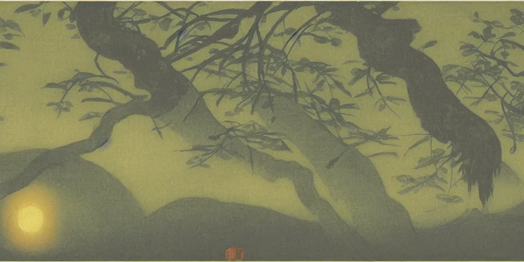 Image similar to rainforest at night by ohara koson, 1 9 1 0