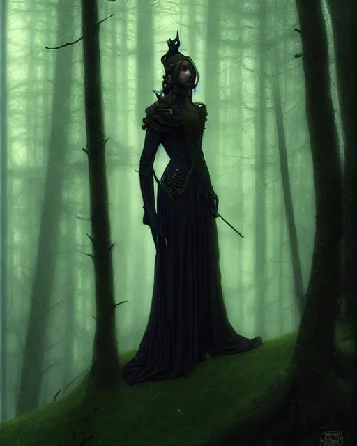 Image similar to nocturne, glowing, stars, a portrait of a female wood ranger, tall and thin, highly detailed, mysterious, ethereal, wearing elegant black leather armor, dark forest, illustration, painting, dramatic lighting, by edmund blair leighton, brom, charlie bowater, faces by otto schmidt