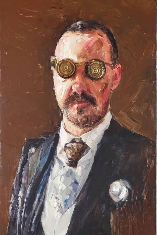 Prompt: palette knife oil painting portrait of graham, a fellow in a three - piece suit and monocle, peering over from his heavy, lacquered oak reception desk, library background, extreme detail, artstation trending, artgerm, any racial background, deviant art, octane, substance, art history 8 k