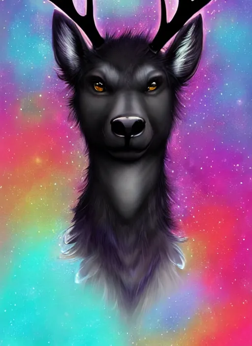 Image similar to award winning beautiful portrait commission of a male furry anthro Black Reindeer fursona with a tail, wings and a cute beautiful attractive detailed furry face wearing stylish black and rainbow galaxy clothes in a outerspace city at night while it rains. Character design by charlie bowater, ross tran, artgerm, and makoto shinkai, detailed, inked, western comic book art