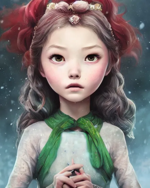 Prompt: An epic fantasy comic book style portrait painting of an extremely cute and adorable very beautiful wintergreen girl, character design by Mark Ryden and Pixar and Hayao Miyazaki, unreal 5, DAZ, hyperrealistic, octane render, cosplay, RPG portrait, dynamic lighting, intricate detail, winter vibrancy, cinematic