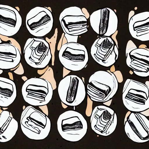 Prompt: a pattern of small marker paintings of street food with off - white background in black and white