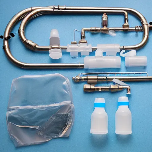 Prompt: music instrument similar to saxophone made out of clear tubing, syringes, urine collection bag, iv pole, fluid bag, nebulizer equipment