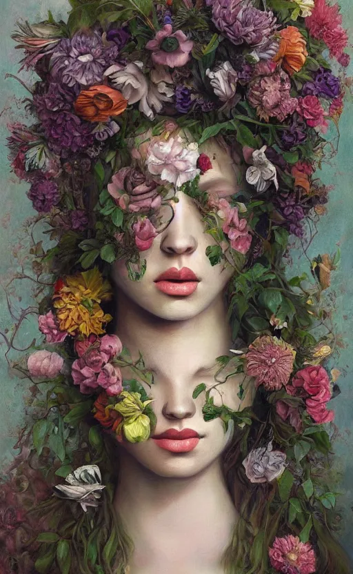 Image similar to a painting of a young woman with a head made of flowers, a surrealist painting by Marco Mazzoni and Dorothea Tanning cgsociety, neo-figurative, detailed painting, rococo, oil on canvas, seapunk, lovecraftian