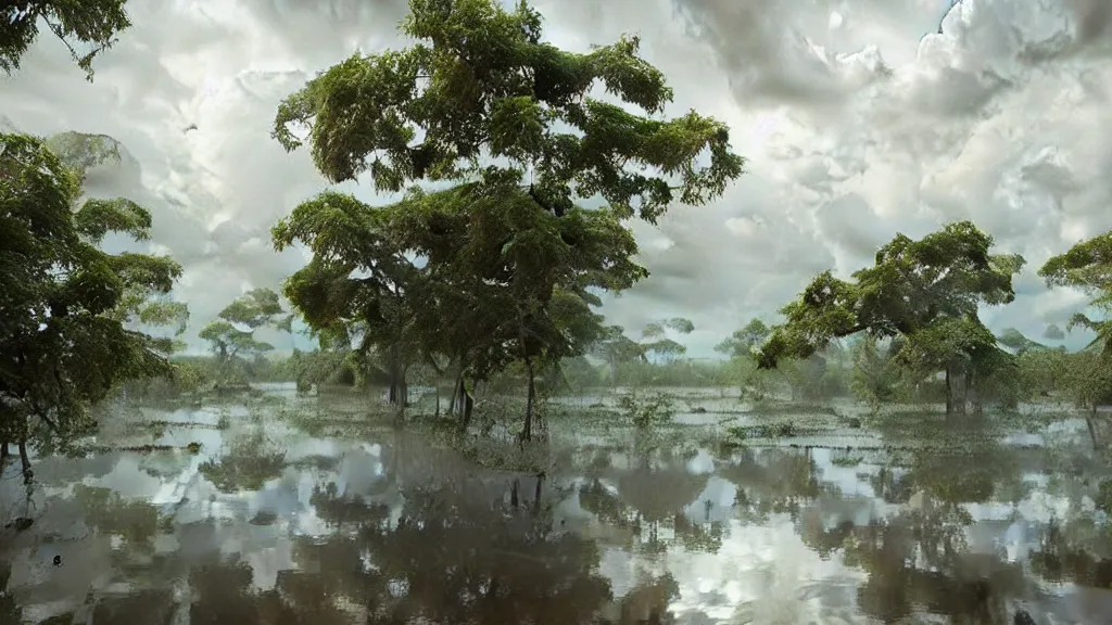 Image similar to Mangrove swamp made of clouds with lots of very very cloud shaped leaves, A beautiful, highly detailed, masterpiece, oil painting by Greg Rutkowski.