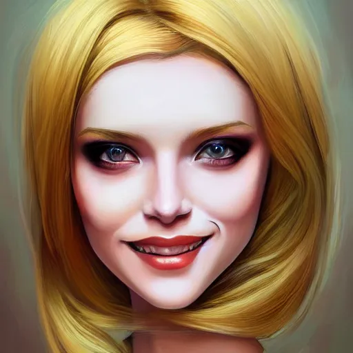 Image similar to android robot woman face painting, looking straight to camera, blond hair, muted colors, matte print, pastel colors, ornate, digital art, cute smile, winning artwork, digital painting, professional art, elegant, by Ilya Kuvshinov, by artgerm