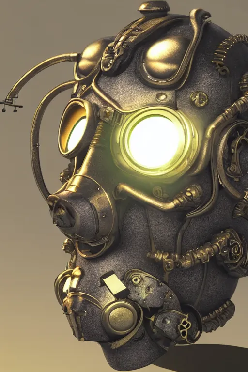 Image similar to steampunk mask minimalist fantasy art robot ninja helmet, global illumination ray tracing hdr fanart arstation by sung choi and eric pfeiffer and gabriel garza and casper konefal radiating a glowing aura