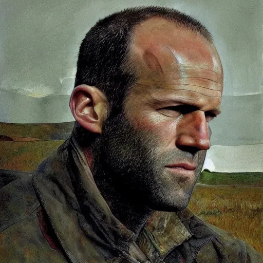 Image similar to high quality, high detail, realistic portrait of jason statham, painted by andrew wyeth, dramatic lighting, cinematic composition