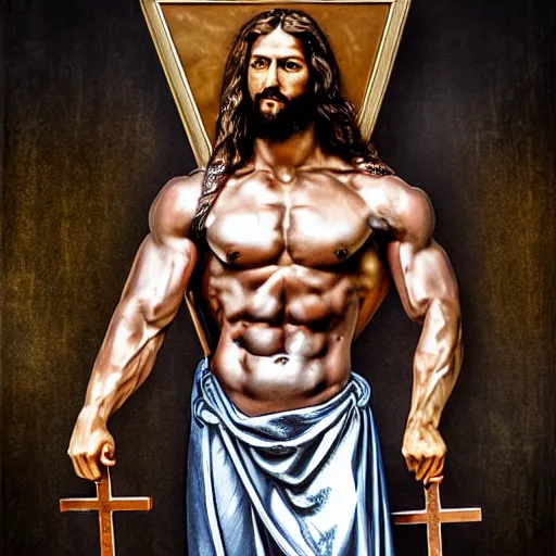 Prompt: bodybuilder jesus christ carrying the cross, high detail, rtx hdr style lube reflection, studio photo,