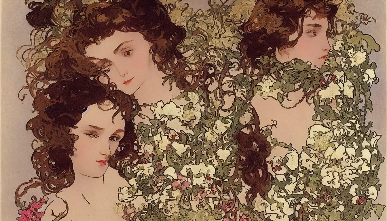 Image similar to beautiful woman with a head made from a bouquet of flowers by alphonse mucha