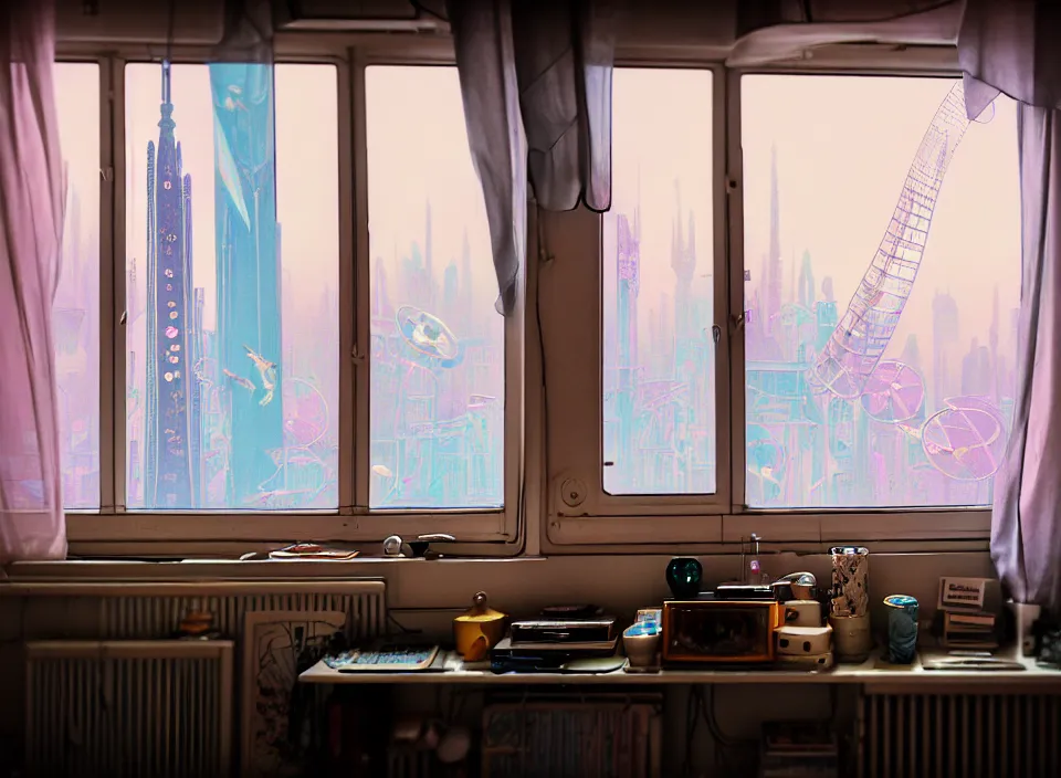 Image similar to telephoto 7 0 mm f / 2. 8 iso 2 0 0 photograph depicting the feeling of chrysalism in a cosy cluttered french sci - fi ( art nouveau ) cyberpunk apartment in a pastel dreamstate art cinema style. ( computer screens, window ( city view ), sink, lamp ( ( ( fish tank ) ) ) ), ambient light.