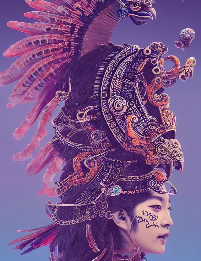 Image similar to 3 d goddess close - up profile portrait aztec with ram skull. beautiful intricately detailed japanese crow kitsune mask and clasical japanese kimono. betta fish, jellyfish phoenix, bio luminescent, plasma, ice, water, wind, creature, artwork by tooth wu and wlop and beeple and greg rutkowski