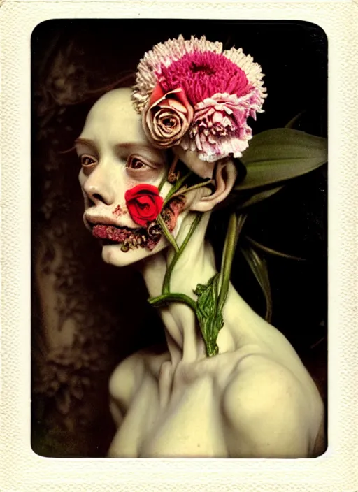 Image similar to beautiful and detailed rotten woman made of plants and many types of stylized flowers like carnation, chrysanthemum, roses and tulips, intricate, surreal, vladimir volegov, john constable, guy denning, gustave courbet, caravaggio, romero ressendi, 1 9 1 0 polaroid photo